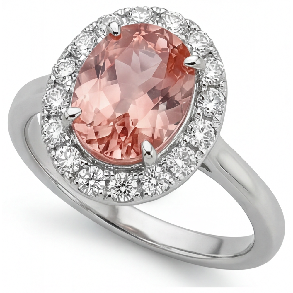 Oval Lab Grown Padparadscha and Lab Grown Diamond Halo Ring 14K White Gold