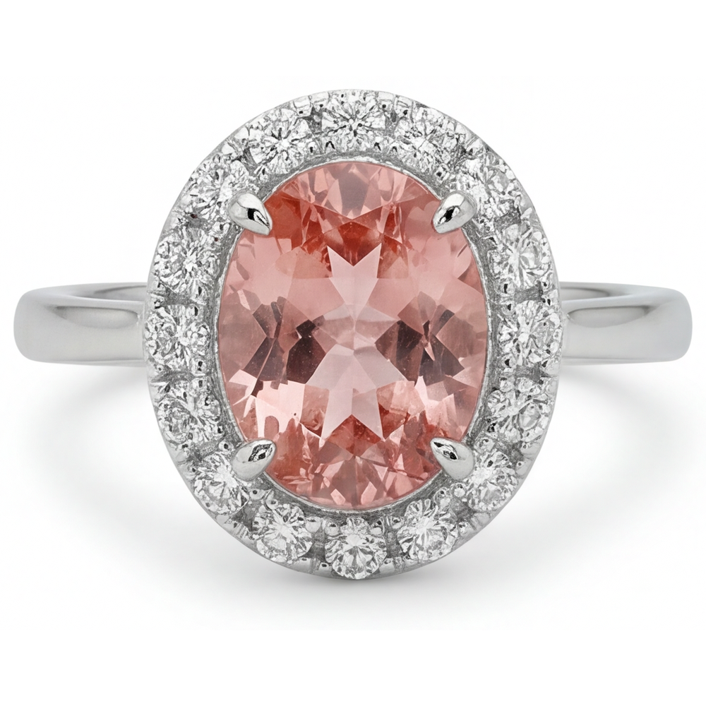Oval Lab Grown Padparadscha and Lab Grown Diamond Halo Ring 14K White Gold