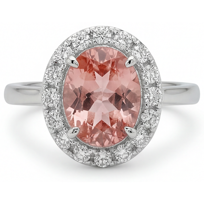 Oval Lab Grown Padparadscha and Lab Grown Diamond Halo Ring 14K White Gold