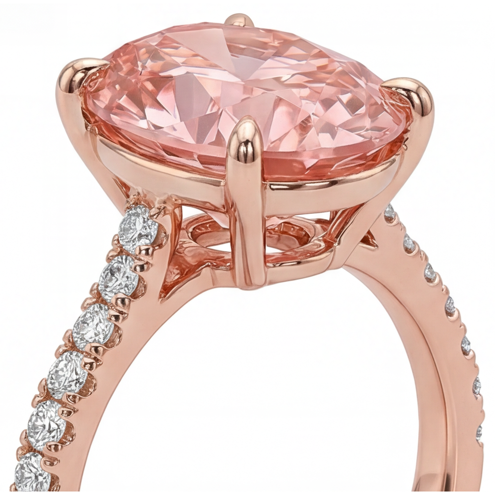 Oval Lab Grown Padparadscha and Lab Grown Diamond Pave Ring 14K Rose Gold