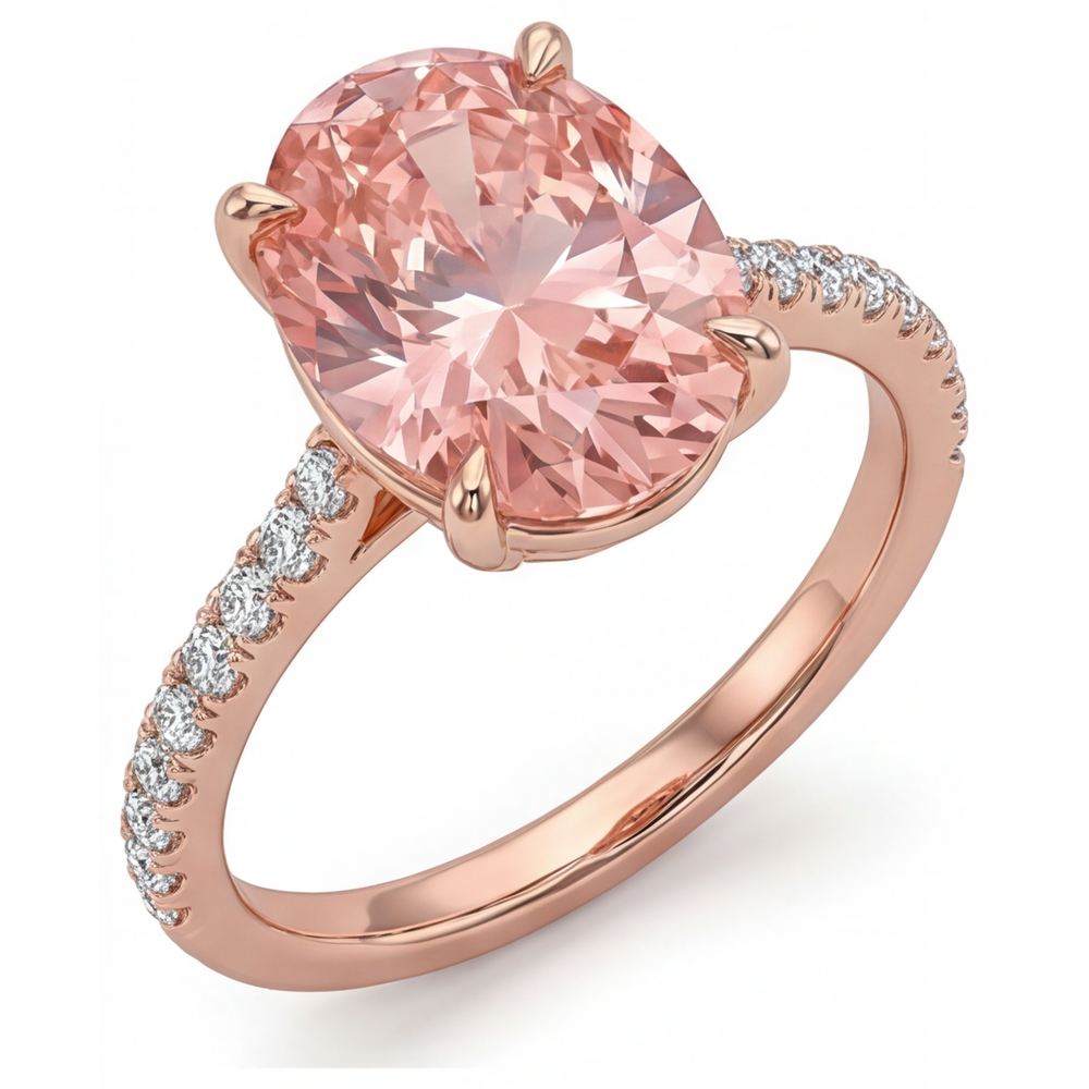 Oval Lab Grown Padparadscha and Lab Grown Diamond Pave Ring 14K Rose Gold