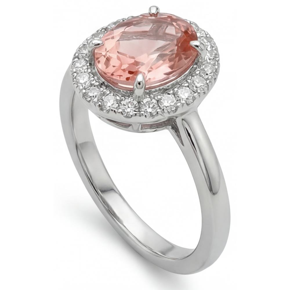 Oval Lab Grown Padparadscha and Lab Grown Diamond Halo Ring 14K White Gold