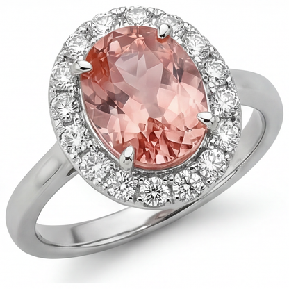 Oval Lab Grown Padparadscha and Lab Grown Diamond Halo Ring 14K White Gold