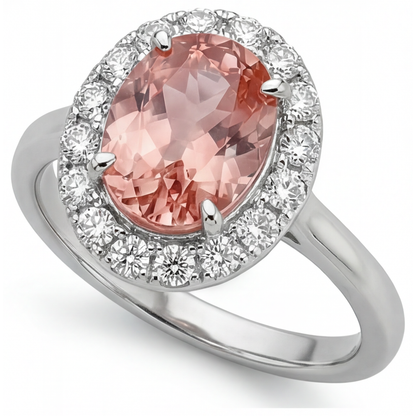 Oval Lab Grown Padparadscha and Lab Grown Diamond Halo Ring 14K White Gold