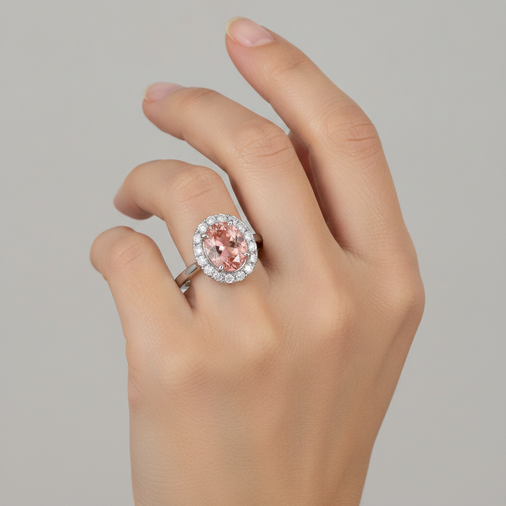 Oval Lab Grown Padparadscha and Lab Grown Diamond Halo Ring 14K White Gold