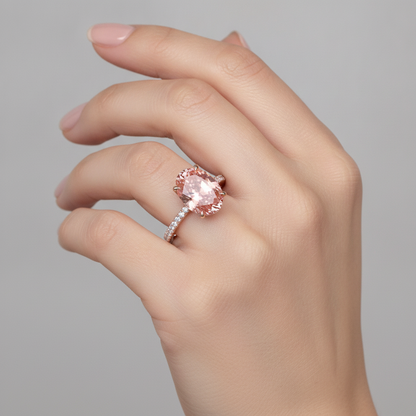 Oval Lab Grown Padparadscha and Lab Grown Diamond Pave Ring 14K Rose Gold
