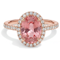 Oval Padparadscha and White Diamond Halo Ring Natural 14K Rose Gold