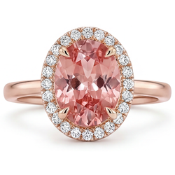 Oval Padparadscha and White Diamond Halo Ring Natural 14K Rose Gold