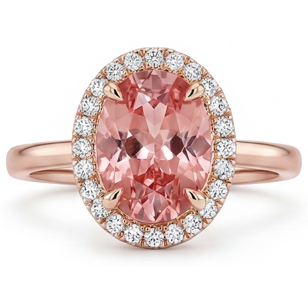 Oval Padparadscha and White Diamond Halo Ring Natural 14K Rose Gold