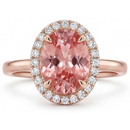 Oval Padparadscha and White Diamond Halo Ring Natural 14K Rose Gold