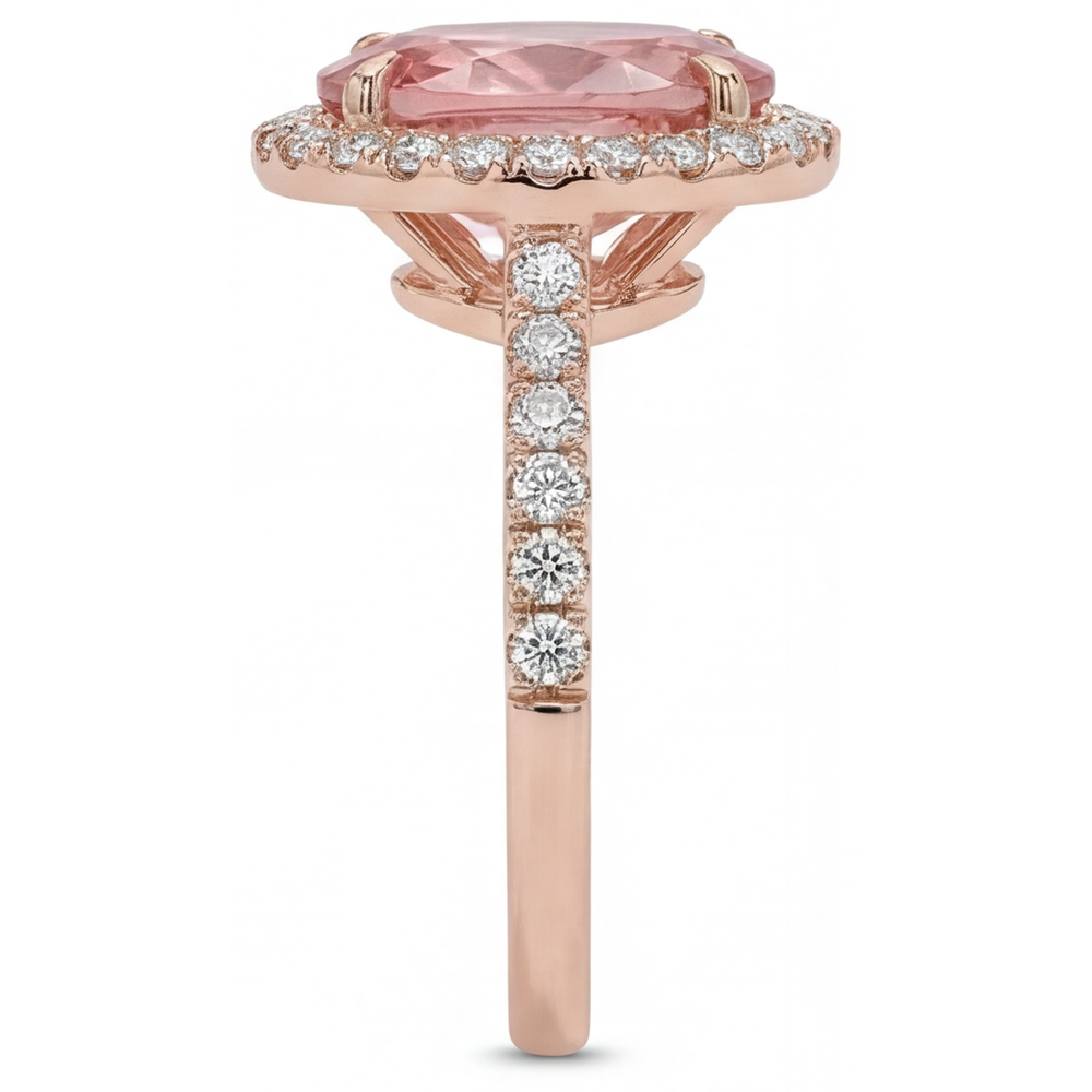 Oval Padparadscha and White Diamond Halo Ring Natural 14K Rose Gold