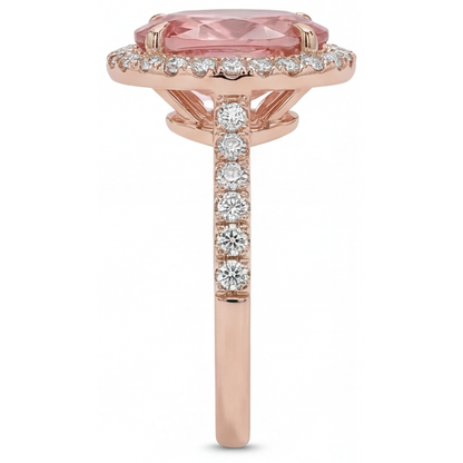 Oval Padparadscha and White Diamond Halo Ring Natural 14K Rose Gold