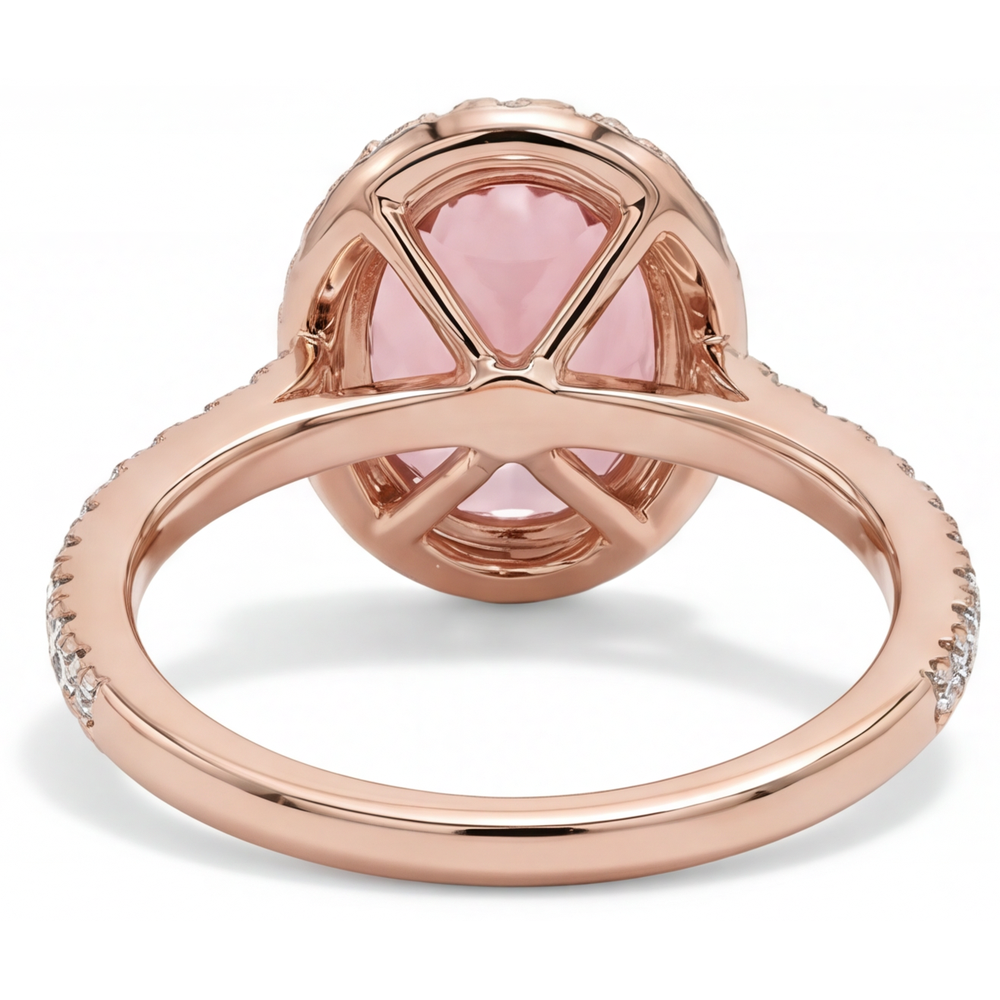 Oval Padparadscha and White Diamond Halo Ring Natural 14K Rose Gold