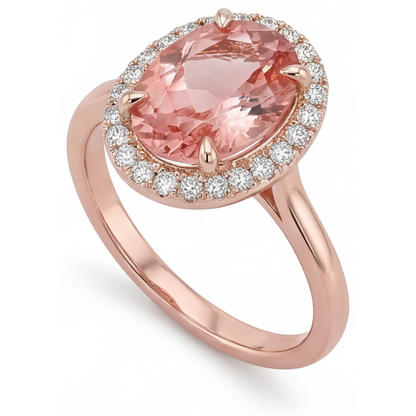 Oval Padparadscha and White Diamond Halo Ring Natural 14K Rose Gold