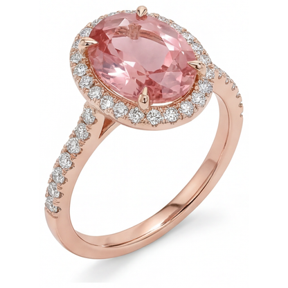 Oval Padparadscha and White Diamond Halo Ring Natural 14K Rose Gold