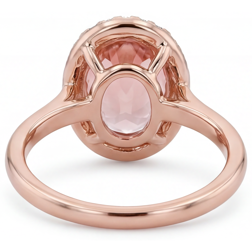 Oval Padparadscha and White Diamond Halo Ring Natural 14K Rose Gold