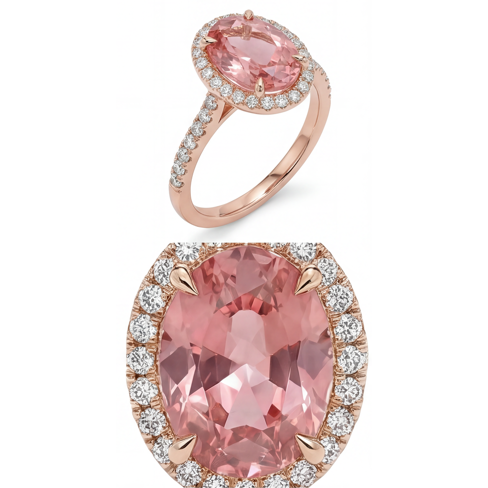 Oval Padparadscha and White Diamond Halo Ring Natural 14K Rose Gold