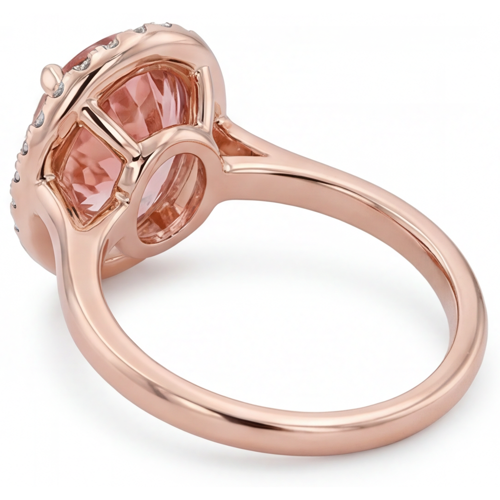 Oval Padparadscha and White Diamond Halo Ring Natural 14K Rose Gold
