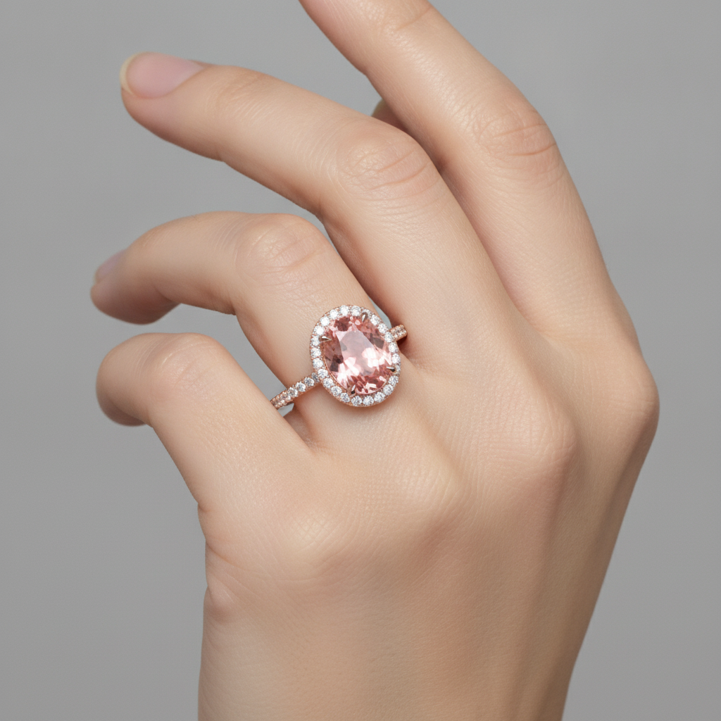 Oval Padparadscha and White Diamond Halo Ring Natural 14K Rose Gold
