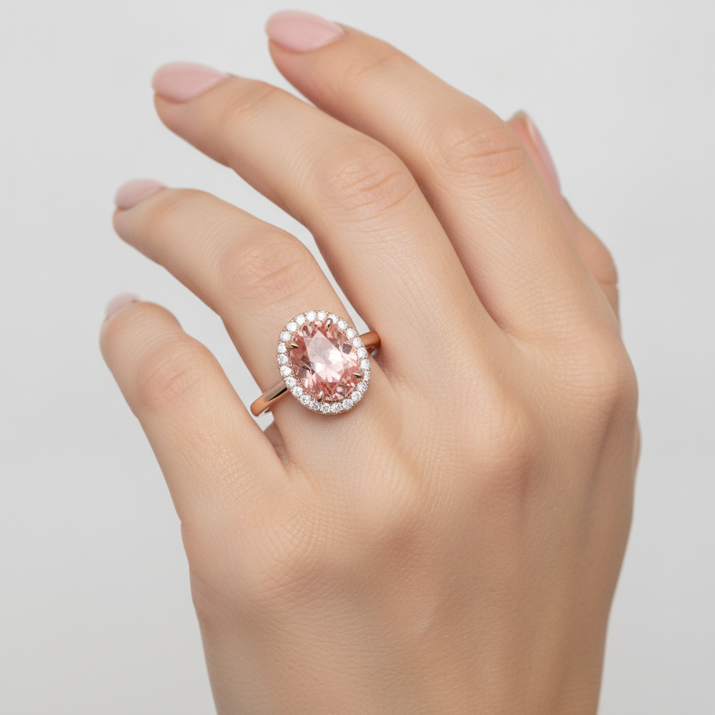 Oval Padparadscha and White Diamond Halo Ring Natural 14K Rose Gold