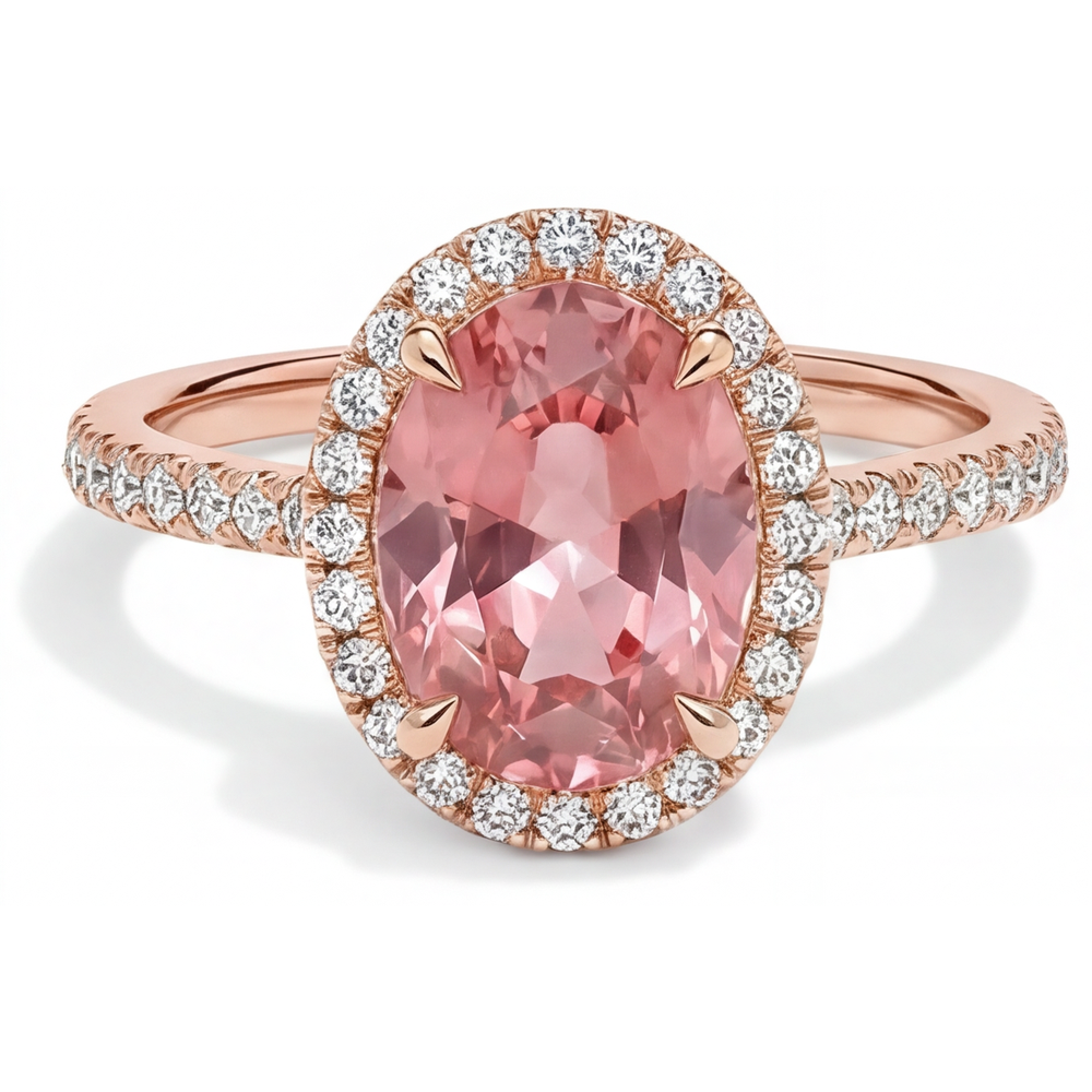 Oval Padparadscha and White Diamond Halo Ring Natural 14K Rose Gold