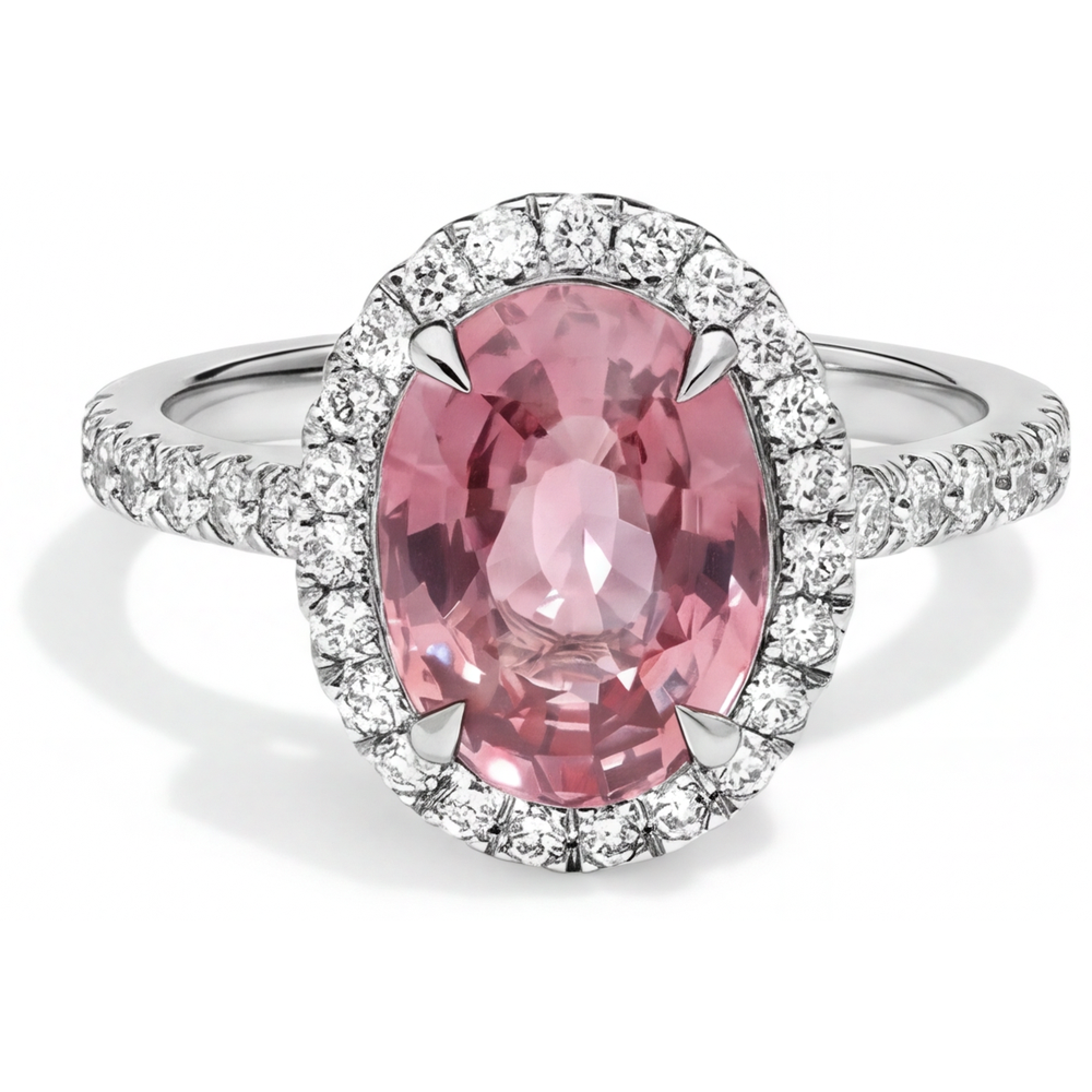 Oval Padparadscha and White Diamond Halo Ring Natural 14K White Gold