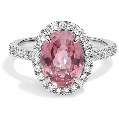 Oval Padparadscha and White Diamond Halo Ring Natural 14K White Gold