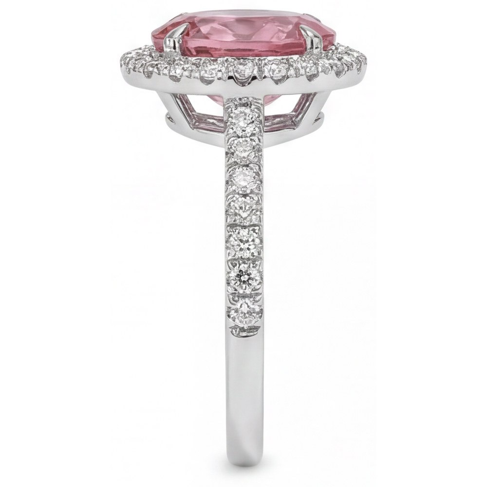 Oval Padparadscha and White Diamond Halo Ring Natural 14K White Gold