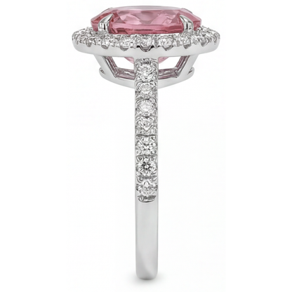 Oval Padparadscha and White Diamond Halo Ring Natural 14K White Gold
