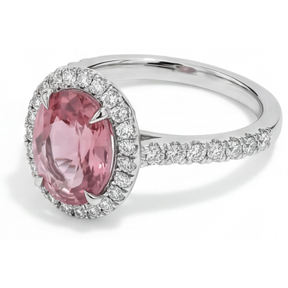 Oval Padparadscha and White Diamond Halo Ring Natural 14K White Gold