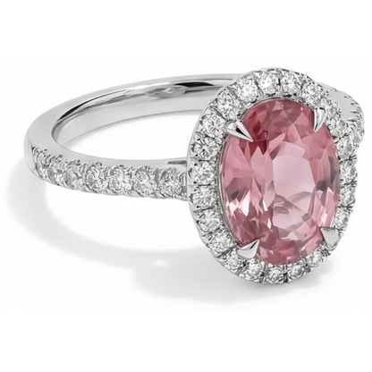 Oval Padparadscha and White Diamond Halo Ring Natural 14K White Gold