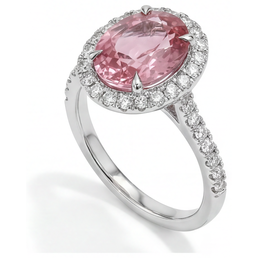 Oval Padparadscha and White Diamond Halo Ring Natural 14K White Gold