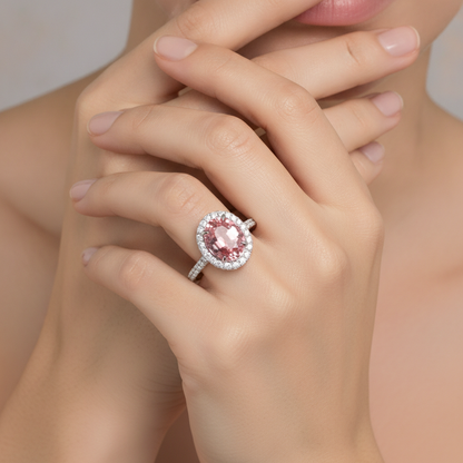 Oval Padparadscha and White Diamond Halo Ring Natural 14K White Gold