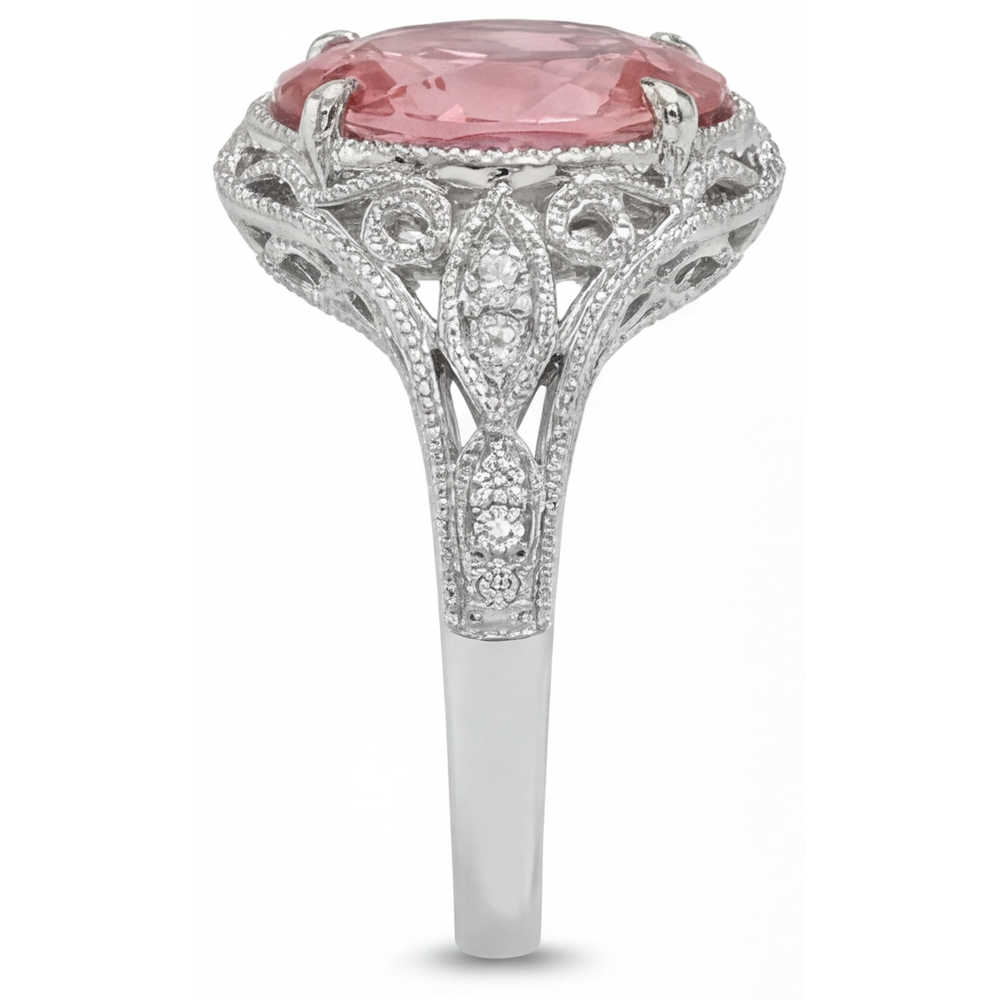 Oval Padparadscha and White Diamond Pave Ring Natural 14K White Gold