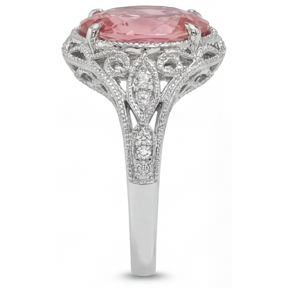 Oval Padparadscha and White Diamond Pave Ring Natural 14K White Gold
