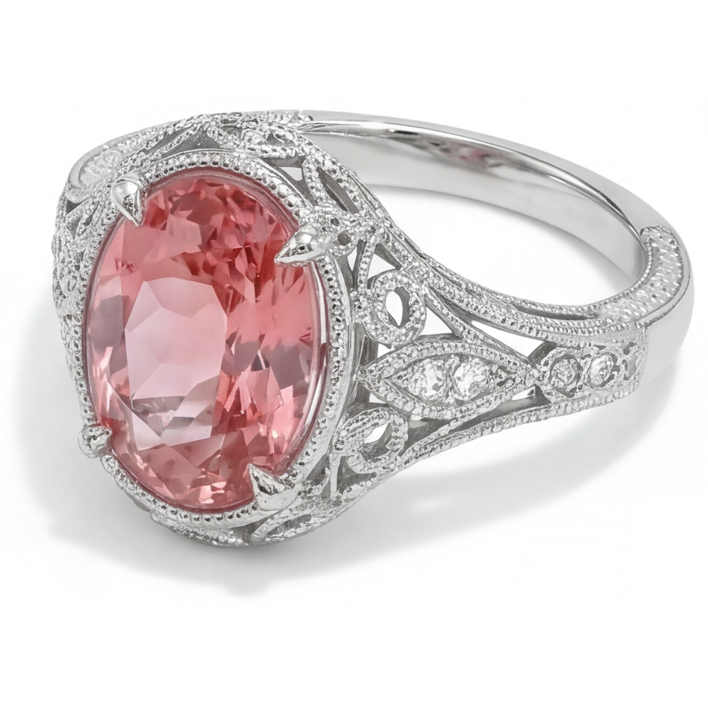 Oval Padparadscha and White Diamond Pave Ring Natural 14K White Gold