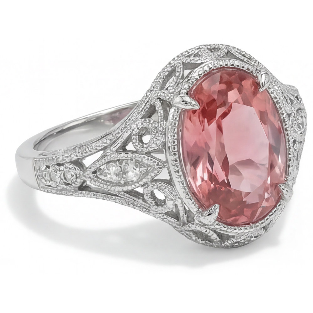 Oval Padparadscha and White Diamond Pave Ring Natural 14K White Gold