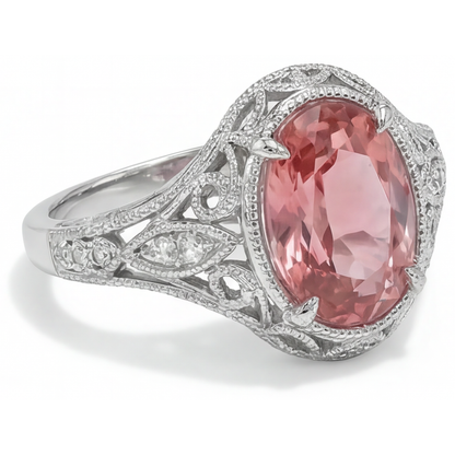 Oval Padparadscha and White Diamond Pave Ring Natural 14K White Gold