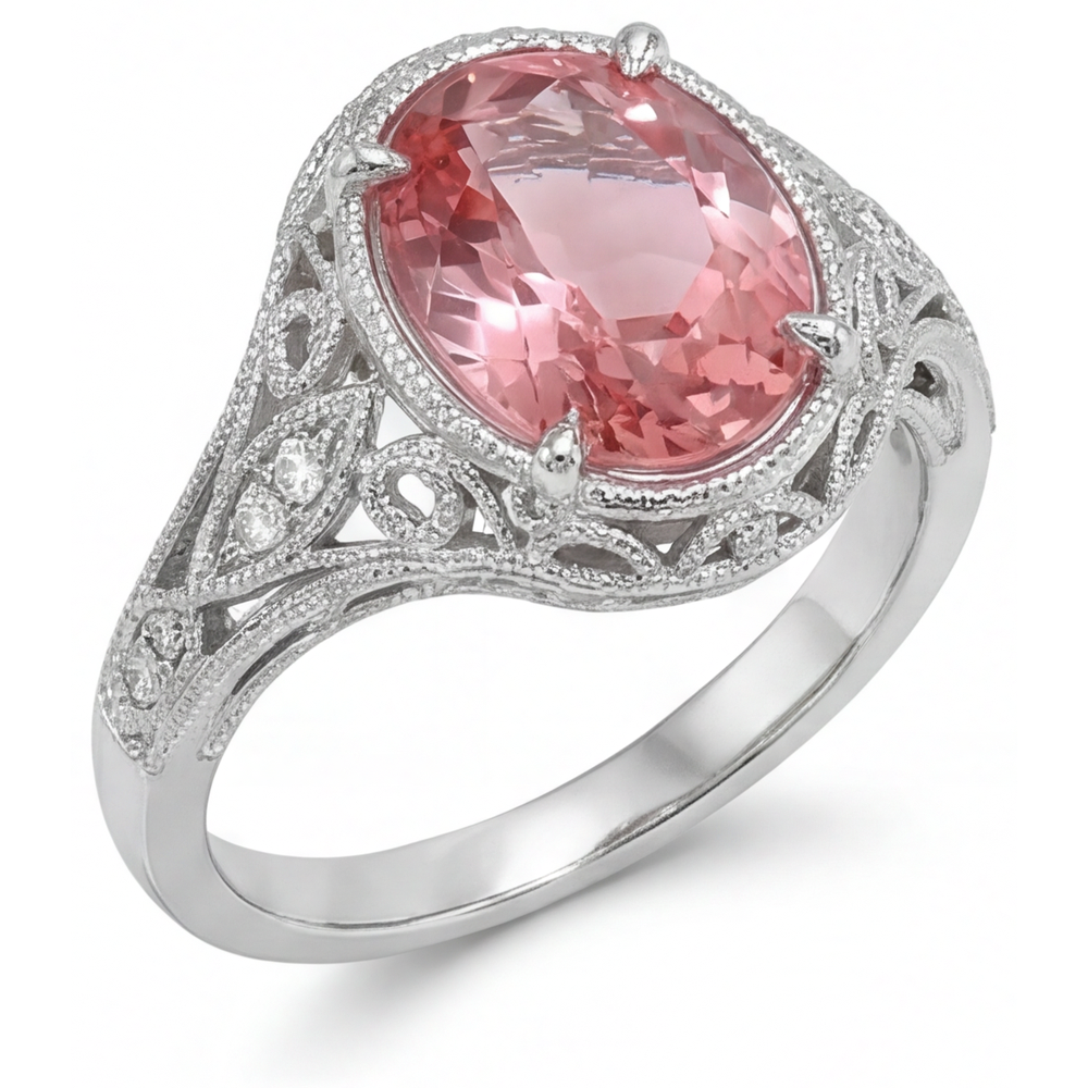 Oval Padparadscha and White Diamond Pave Ring Natural 14K White Gold