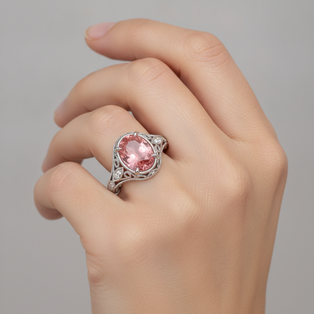 Oval Padparadscha and White Diamond Pave Ring Natural 14K White Gold