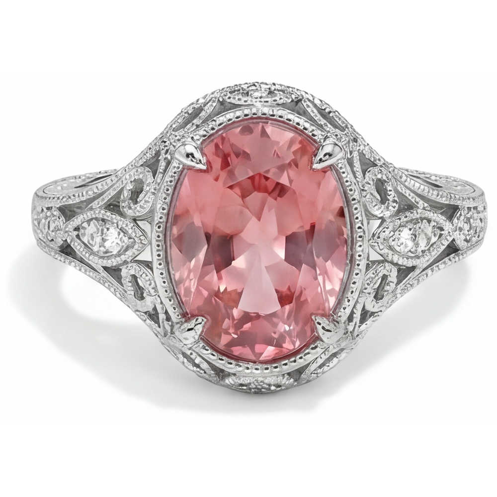 Oval Padparadscha and White Diamond Pave Ring Natural 14K White Gold