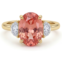 Oval Padparadscha and White Diamond Three Stone Ring Natural 14K Yellow Gold