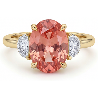 Oval Padparadscha and White Diamond Three Stone Ring Natural 14K Yellow Gold