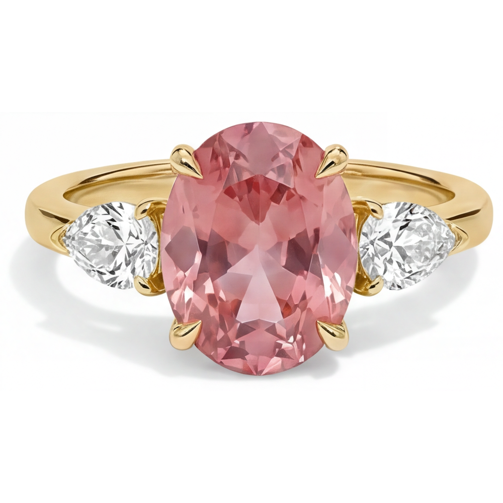 Oval Padparadscha and White Diamond Three Stone Ring Natural 14K Yellow Gold