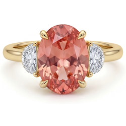 Oval Padparadscha and White Diamond Three Stone Ring Natural 14K Yellow Gold