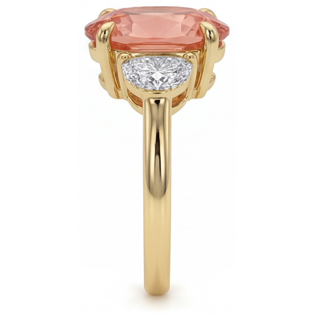 Oval Padparadscha and White Diamond Three Stone Ring Natural 14K Yellow Gold