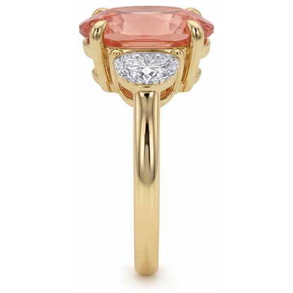 Oval Padparadscha and White Diamond Three Stone Ring Natural 14K Yellow Gold