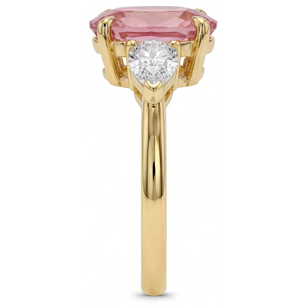 Oval Padparadscha and White Diamond Three Stone Ring Natural 14K Yellow Gold