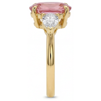 Oval Padparadscha and White Diamond Three Stone Ring Natural 14K Yellow Gold