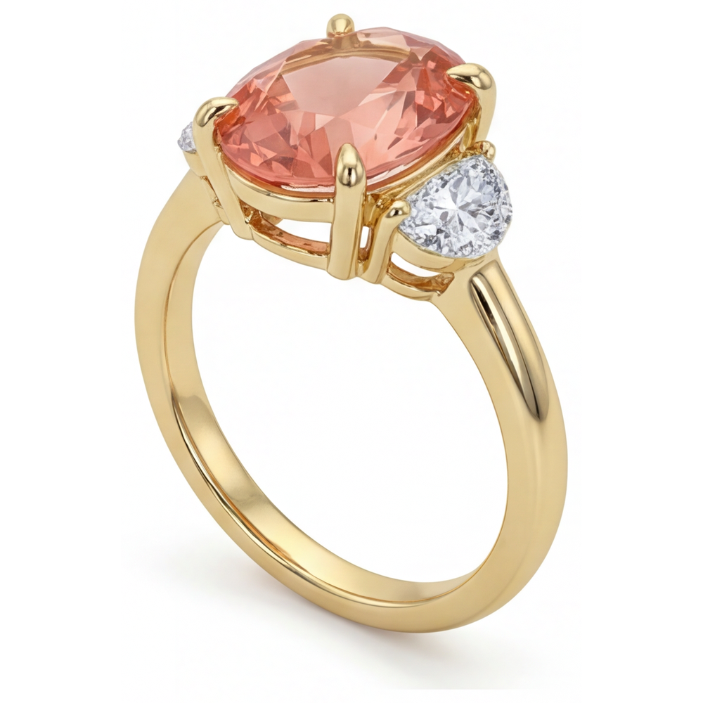 Oval Padparadscha and White Diamond Three Stone Ring Natural 14K Yellow Gold